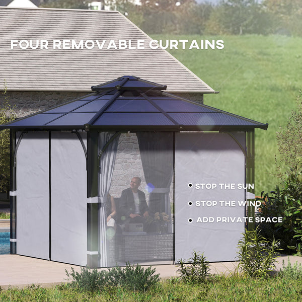 3 x 3(m) Hardtop Gazebo Canopy with 7mm Double Polycarbonate Roof, Garden Gazebo Permanent Pavilion with Mosquito Netting and Curtains for Patio, Deck, Dark Grey