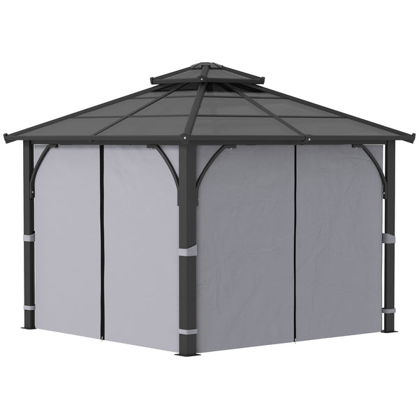 3 x 3(m) Hardtop Gazebo Canopy with 7mm Double Polycarbonate Roof, Garden Gazebo Permanent Pavilion with Mosquito Netting and Curtains for Patio, Deck, Dark Grey