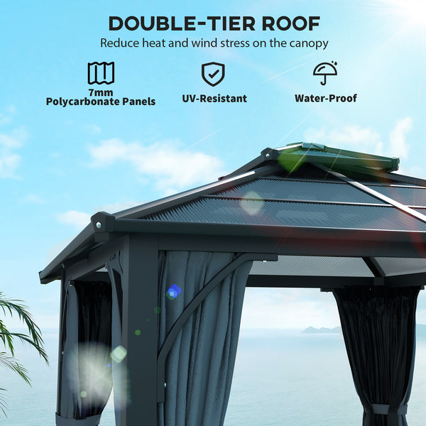 3 x 3(m) Hardtop Gazebo Canopy with 7mm Double Polycarbonate Roof, Garden Gazebo Permanent Pavilion with Mosquito Netting and Curtains for Patio, Deck, Dark Grey