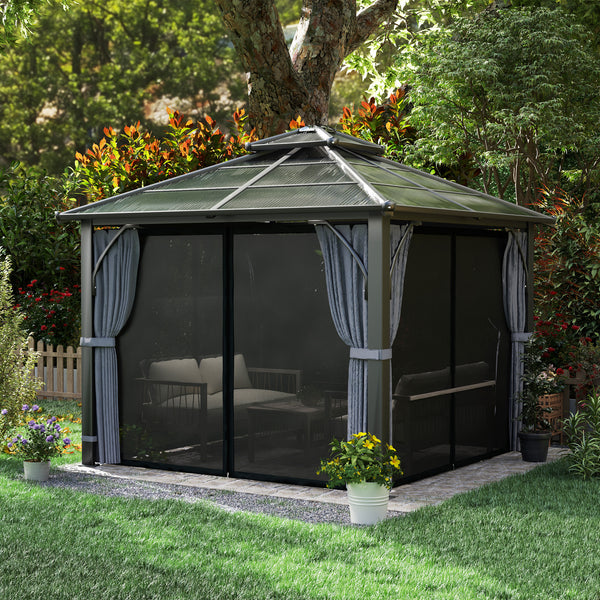 3 x 3(m) Hardtop Gazebo Canopy with 7mm Double Polycarbonate Roof, Garden Gazebo Permanent Pavilion with Mosquito Netting and Curtains for Patio, Deck, Dark Grey