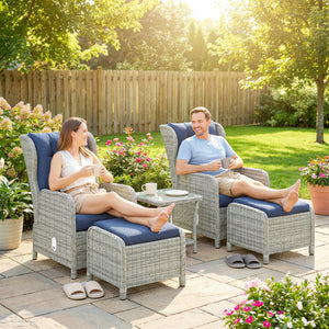 5 Piece Garden Furniture Set, Rattan Reclining Garden Chair Set of 2 with Glass-Top Coffee Table, Footstool and Thickness Cushion for Balcony, Patio, Dark Blue
