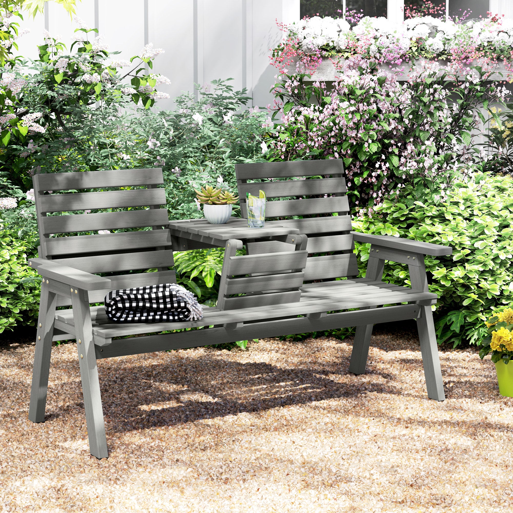 Outsunny 2 Seater Wooden Garden Bench with Convertible Middle Table for ...