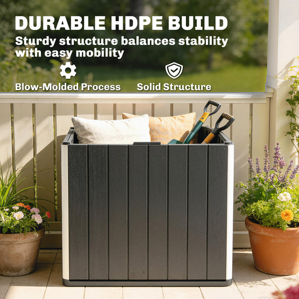30 Gallon Outdoor Storage Box, Outdoor Side Table with Umbrella Holder, HDPE Deck Box Garden Storage Container for Balcony, Porch, Poolside