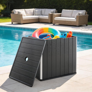 30 Gallon Outdoor Storage Box, Outdoor Side Table with Umbrella Holder, HDPE Deck Box Garden Storage Container for Balcony, Porch, Poolside