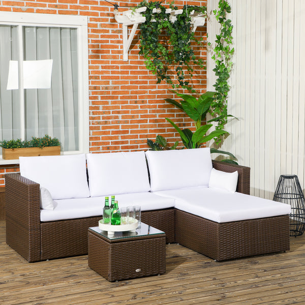 3-Piece Patio Furniture Set Modern Sectional Sofa Rattan Chair Wicker Conversation Set Outdoor Hand Woven Rattan Wicker Furniture Patio Coffee Table Sofa Set, White
