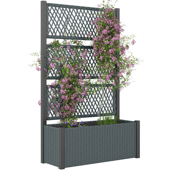 Wicker Outdoor Planter with Trellis, 58" Standing Raised Garden Bed with Liner, Drainage Holes, Privacy Screen Planter Box for Climbing Plants, Flowers, Dark Grey