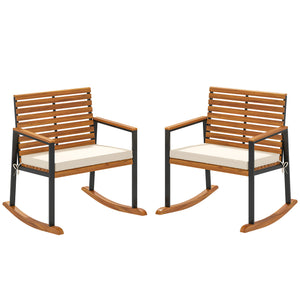 Outdoor Rocking Chair Set of 2, Acacia Wood Outdoor Rockers with Armrests, Cushion, Patio Wooden Rocking Chair Set for Garden, Balcony, Porch, 353 lbs. Capacity, Cream White
