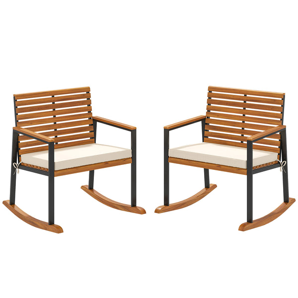 Outdoor Rocking Chair Set of 2, Acacia Wood Outdoor Rockers with Armrests, Cushion, Patio Wooden Rocking Chair Set for Garden, Balcony, Porch, 353 lbs. Capacity, Cream White