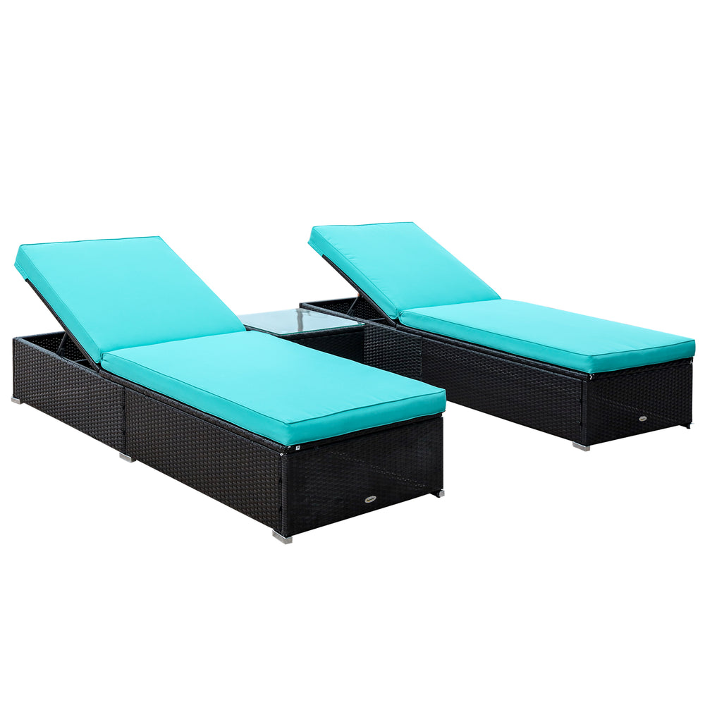 Outsunny Chaise Lounge Chair Set of 2 with 5 Angle Backrest, Outdoor Coffee Table, Water Repellent Cushions, PE Rattan Wicker Poolside Chairs, 3-Piece Pool Furniture Set, Turquoise