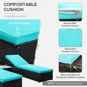 Outsunny Chaise Lounge Chair Set of 2 with 5 Angle Backrest, Outdoor Coffee Table, Water Repellent Cushions, PE Rattan Wicker Poolside Chairs, 3-Piece Pool Furniture Set, Turquoise