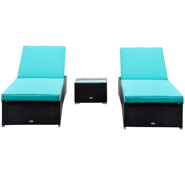 Outsunny Chaise Lounge Chair Set of 2 with 5 Angle Backrest, Outdoor Coffee Table, Water Repellent Cushions, PE Rattan Wicker Poolside Chairs, 3-Piece Pool Furniture Set, Turquoise