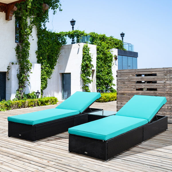 Outsunny Chaise Lounge Chair Set of 2 with 5 Angle Backrest, Outdoor Coffee Table, Water Repellent Cushions, PE Rattan Wicker Poolside Chairs, 3-Piece Pool Furniture Set, Turquoise