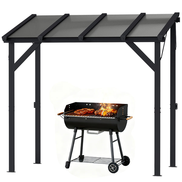 8' x 5' Hardtop Grill Gazebo, Lean-to BBQ Gazebo Shelter, Wall-Mounted Pergola with Polycarbonate Roof and Steel Frame, for Outdoor, Patio, Lawn, Garden, Patio, Backyard