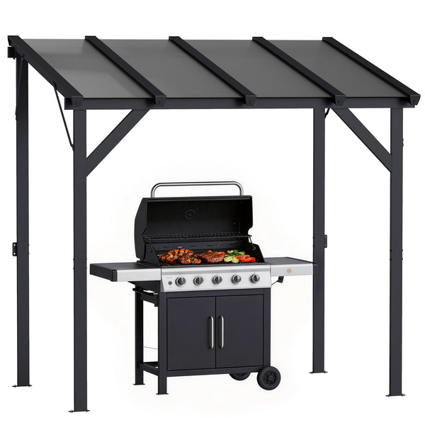 8' x 5' Hardtop Grill Gazebo, Lean-to BBQ Gazebo Shelter, Wall-Mounted Pergola with Polycarbonate Roof and Steel Frame, for Outdoor, Patio, Lawn, Garden, Patio, Backyard