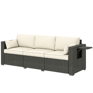 3 Seater Wicker Outdoor Sofa with Side Tray Tables, Poly Rattan Patio Sofa Couch with 6" Thick Back Cushions, Outdoor Couch with Deep Seat, Pillows for Garden, Cream White