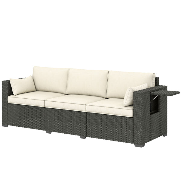 3 Seater Wicker Outdoor Sofa with Side Tray Tables, Poly Rattan Patio Sofa Couch with 6" Thick Back Cushions, Outdoor Couch with Deep Seat, Pillows for Garden, Cream White