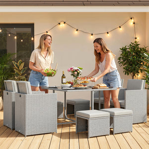 8 Seater Rattan Cube Garden Furniture Set, Space Saving Outdoor Dining Set with Cushions, Garden Table and Chairs with 4 Armchairs, 4 Footstools, Square Glass Top Table, Light Grey