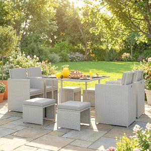 8 Seater Rattan Cube Garden Furniture Set, Space Saving Outdoor Dining Set with Cushions, Garden Table and Chairs with 4 Armchairs, 4 Footstools, Square Glass Top Table, Light Grey
