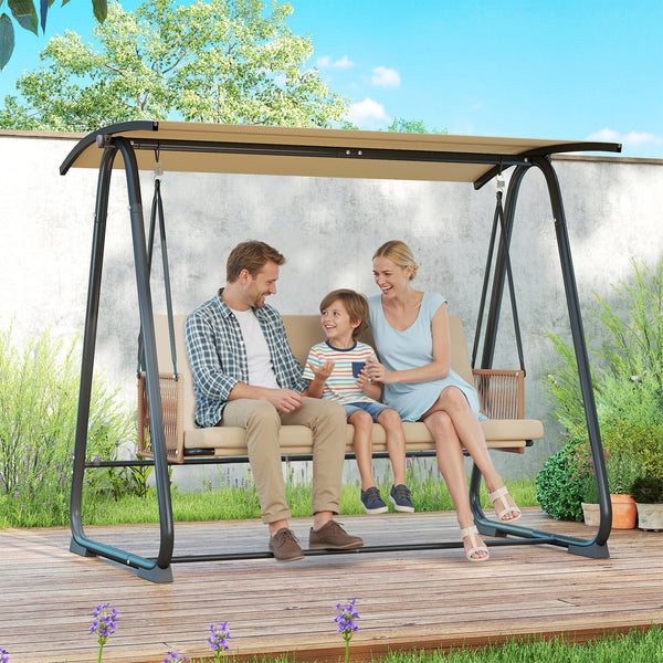 3 Seater Garden Swing Chair with Adjustable Tilting Canopy, 360 kg Capacity Garden Swing Seat Outdoor Hammock Bench with Breathable Texteline Seat, Zipped Cushions, Metal Frame, Sand Brown
