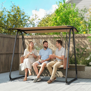 3 Seater Garden Swing Chair with Adjustable Tilting Canopy, 360 kg Capacity Garden Swing Seat Outdoor Hammock Bench with Breathable Texteline Seat, Zipped Cushions, Metal Frame, Sand Brown