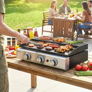 3 Burner Grill Griddle, Portable Gas Plancha with Warming Rack, 7.5 kW, Tabletop Gas BBQ with Grease Cup for Camping Picnic Patios, Black