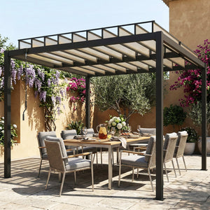 3 x 3 m Louvered Pergola with Adjustable PC Louvred Roof, Aluminium Frame, Patio Gazebo Pergola Canopy with Drainage Gutters, Handle, Expansion Screws for Garden Outdoor, Coffee