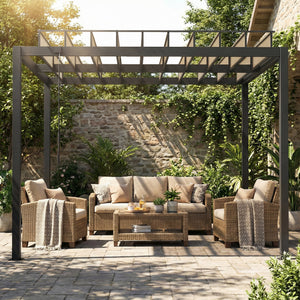 3 x 3 m Louvered Pergola with Adjustable PC Louvred Roof, Aluminium Frame, Patio Gazebo Pergola Canopy with Drainage Gutters, Handle, Expansion Screws for Garden Outdoor, Coffee