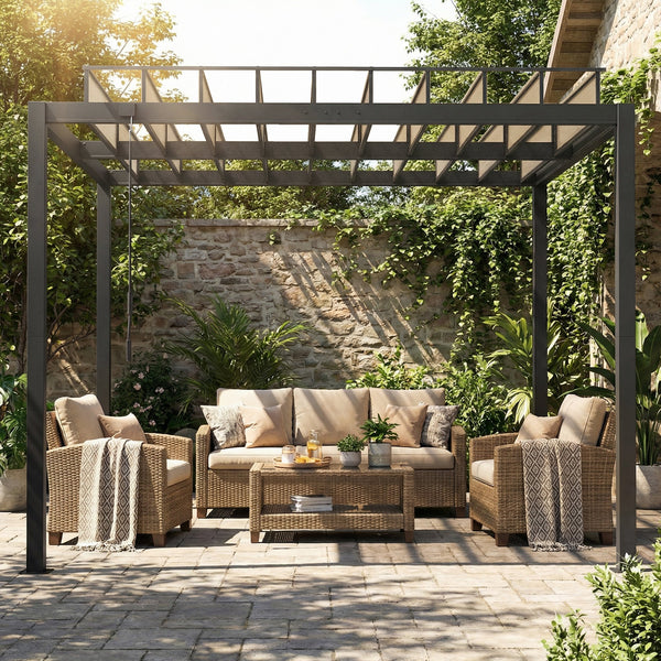 3 x 3 m Louvered Pergola with Adjustable PC Louvred Roof, Aluminium Frame, Patio Gazebo Pergola Canopy with Drainage Gutters, Handle, Expansion Screws for Garden Outdoor, Coffee