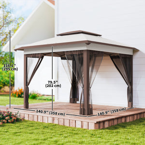 12' x 12' Pop Up Canopy Sun Shade Instant Tent Folding with Mesh Sidewalls, 3-Level Adjustable Height and Storage Bag, Beige and Dark Brown