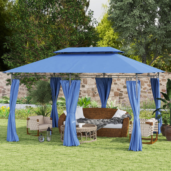 Outsunny 10' x 13' Patio Gazebo, Double Roof Outdoor Gazebo Canopy Shelter with Curtains, Solid Metal Frame for Garden, Lawn, Backyard and Deck, Dark Blue