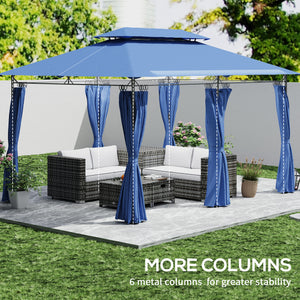 Outsunny 10' x 13' Patio Gazebo, Double Roof Outdoor Gazebo Canopy Shelter with Curtains, Solid Metal Frame for Garden, Lawn, Backyard and Deck, Dark Blue