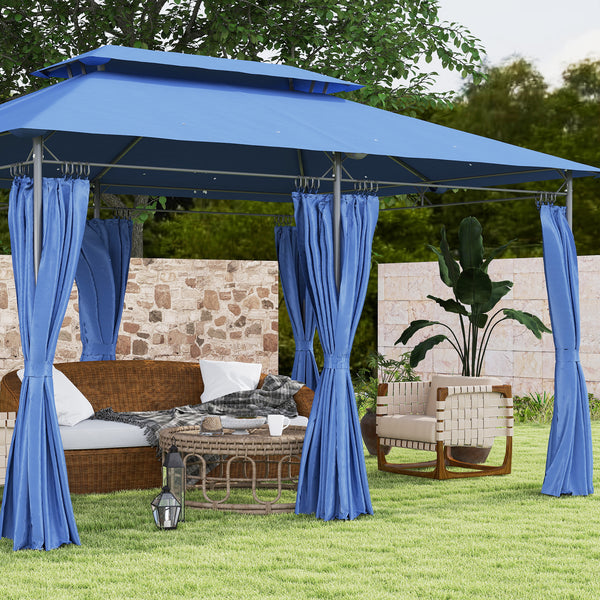 Outsunny 10' x 13' Patio Gazebo, Double Roof Outdoor Gazebo Canopy Shelter with Curtains, Solid Metal Frame for Garden, Lawn, Backyard and Deck, Dark Blue