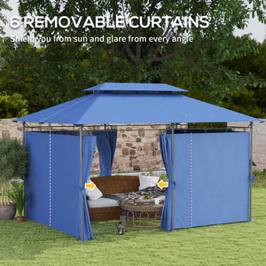 Outsunny 10' x 13' Patio Gazebo, Double Roof Outdoor Gazebo Canopy Shelter with Curtains, Solid Metal Frame for Garden, Lawn, Backyard and Deck, Dark Blue