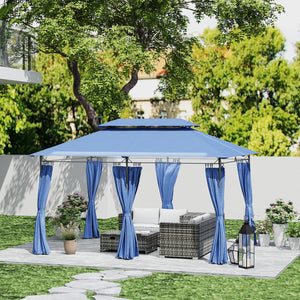 Outsunny 10' x 13' Patio Gazebo, Double Roof Outdoor Gazebo Canopy Shelter with Curtains, Solid Metal Frame for Garden, Lawn, Backyard and Deck, Dark Blue