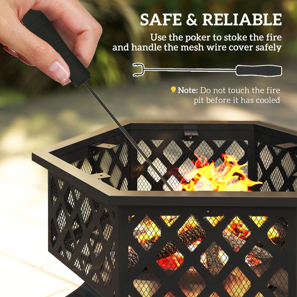28" Outdoor Fire Pit Grill, Portable Wood Burning Firepit for Outside with Cooking Grate, Fire Poker, Spark Screen Lid, Steel Hexagon Fireplace for Patio Bonfire Backyard BBQ Camping Picnic