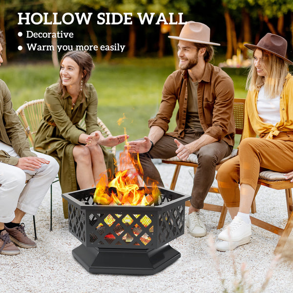 28" Outdoor Fire Pit Grill, Portable Wood Burning Firepit for Outside with Cooking Grate, Fire Poker, Spark Screen Lid, Steel Hexagon Fireplace for Patio Bonfire Backyard BBQ Camping Picnic