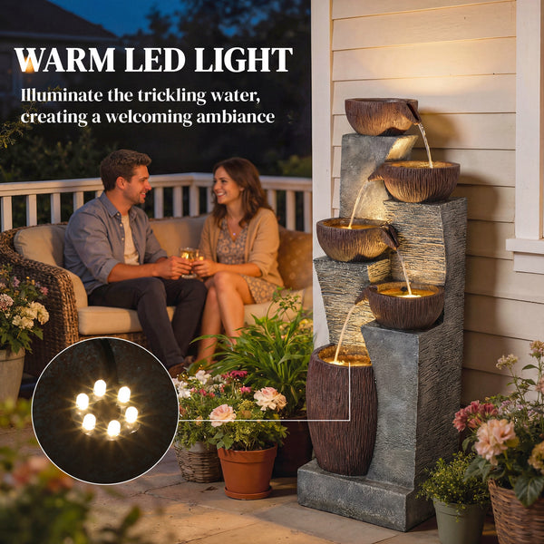 Outdoor Water Fountain with 5-Tier Crock Design, 51.2" Tall Cascading Waterfall Garden Fountain with LED Lights and Adjustable Flow, Rustic Decor for Patio, Backyard, Gray and Rustic Brown