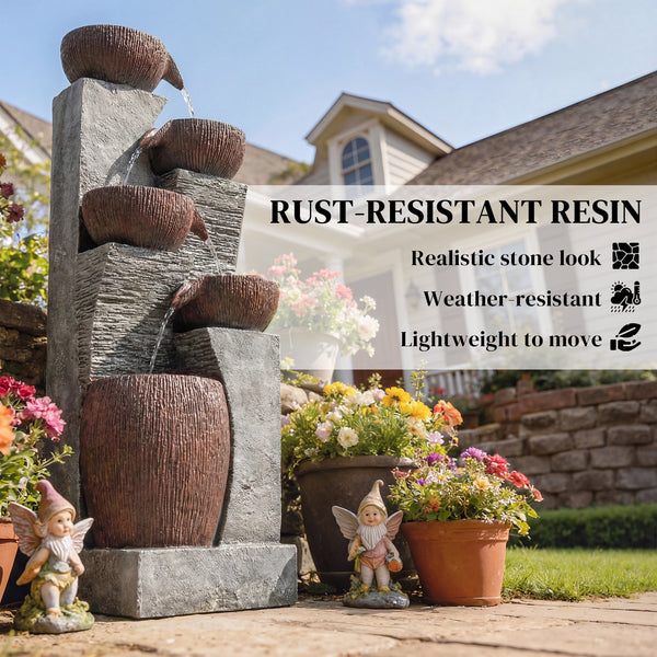 Outdoor Water Fountain with 5-Tier Crock Design, 51.2" Tall Cascading Waterfall Garden Fountain with LED Lights and Adjustable Flow, Rustic Decor for Patio, Backyard, Gray and Rustic Brown