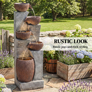 Outdoor Water Fountain with 5-Tier Crock Design, 51.2" Tall Cascading Waterfall Garden Fountain with LED Lights and Adjustable Flow, Rustic Decor for Patio, Backyard, Gray and Rustic Brown