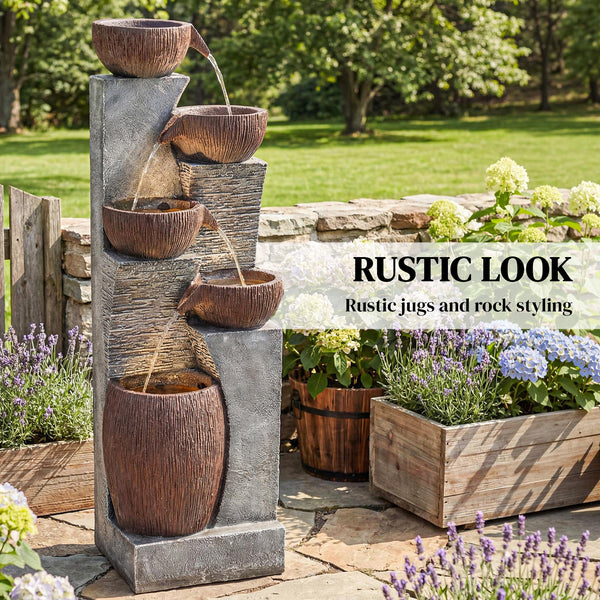 Outdoor Water Fountain with 5-Tier Crock Design, 51.2" Tall Cascading Waterfall Garden Fountain with LED Lights and Adjustable Flow, Rustic Decor for Patio, Backyard, Gray and Rustic Brown