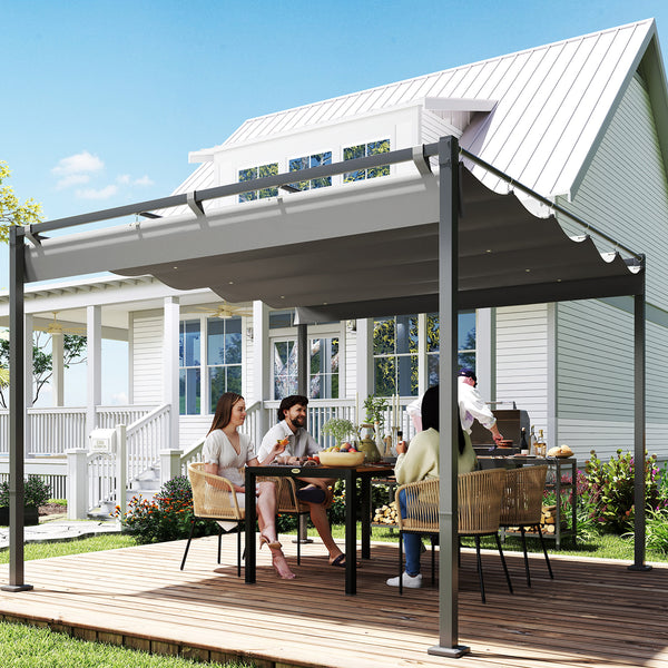 3 x 3(m) Garden Pergola with Retractable Roof and Magnetic Fixture, Outdoor Gazebo Pergola Kit Sun Shade Canopy, UPF30+, Grey