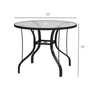 Outsunny 38" Round Patio Table with Umbrella Hole, Outdoor Dining Table Tempered Glass Metal Frame Bistro Table, for Deck, Yard, Balcony, Lawn, Pool, Black