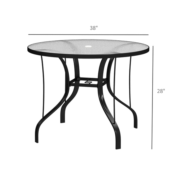 Outsunny 38" Round Patio Table with Umbrella Hole, Outdoor Dining Table Tempered Glass Metal Frame Bistro Table, for Deck, Yard, Balcony, Lawn, Pool, Black