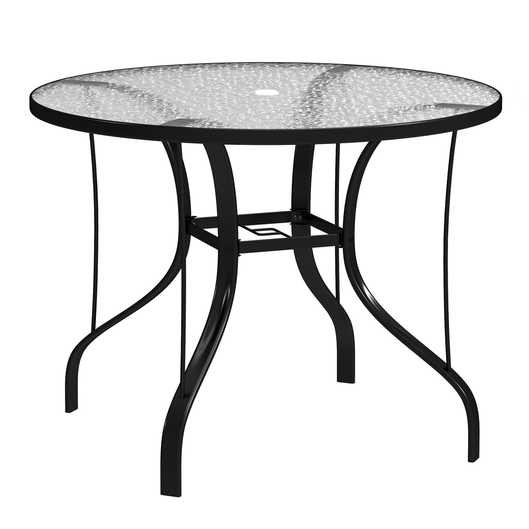 iron patio table with umbrella Outsunny 38" Round Outdoor Dining Table with Umbrella Hole, Tempered Glass, Black