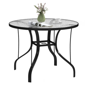 Outsunny 38" Round Patio Table with Umbrella Hole, Outdoor Dining Table Tempered Glass Metal Frame Bistro Table, for Deck, Yard, Balcony, Lawn, Pool, Black