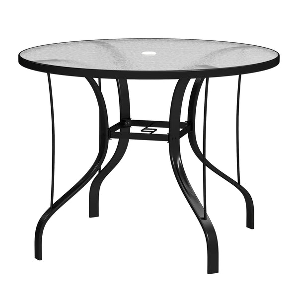 Outsunny 38" Round Patio Table with Umbrella Hole, Outdoor Dining Table Tempered Glass Metal Frame Bistro Table, for Deck, Yard, Balcony, Lawn, Pool, Black