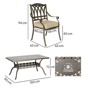 7 Pieces Cast Aluminium Garden Dining Set, 6 Seater Garden Table and Chairs with Parasol Hole, Outdoor Garden Furniture Set with Cushions for Patio, Bronze Tone