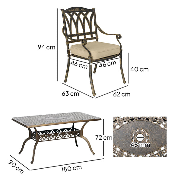 7 Pieces Cast Aluminium Garden Dining Set, 6 Seater Garden Table and Chairs with Parasol Hole, Outdoor Garden Furniture Set with Cushions for Patio, Bronze Tone