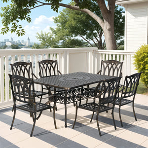 7 Pieces Cast Aluminium Garden Dining Set, 6 Seater Garden Table and Chairs with Parasol Hole, Outdoor Garden Furniture Set with Cushions for Patio, Bronze Tone