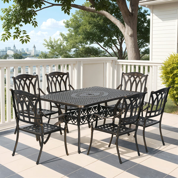 7 Pieces Cast Aluminium Garden Dining Set, 6 Seater Garden Table and Chairs with Parasol Hole, Outdoor Garden Furniture Set with Cushions for Patio, Bronze Tone